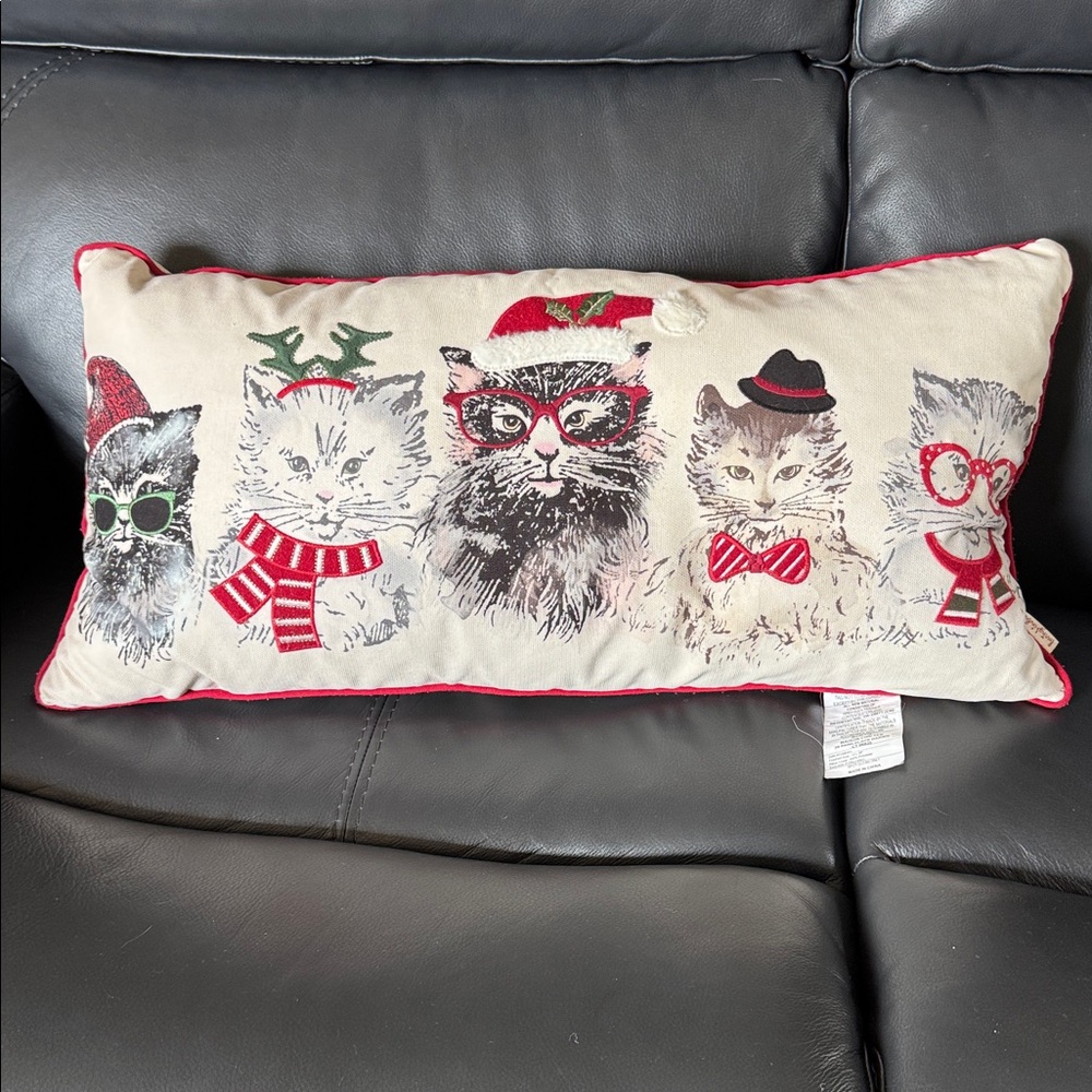 Festive Cat Throw Beige Pillow with Red Accents